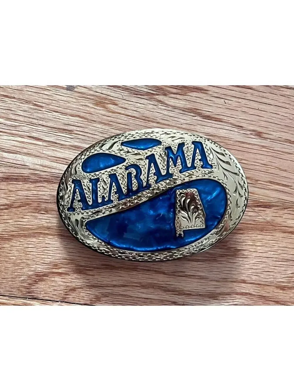 Vintage Award Design Metals Alabama Belt Buckle, Gold Tone Blue Inlay, USA Made